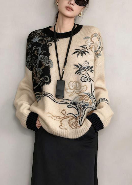 Art Khaki Embroidered Patchwork Knit Sweaters Winter