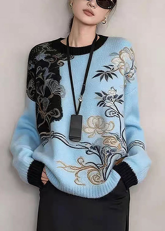 Art Khaki Embroidered Patchwork Knit Sweaters Winter