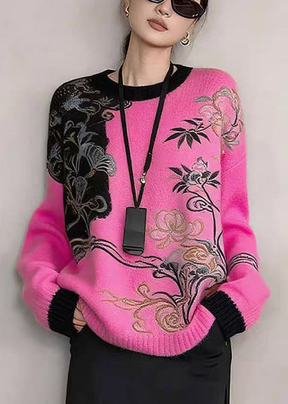 Art Khaki Embroidered Patchwork Knit Sweaters Winter