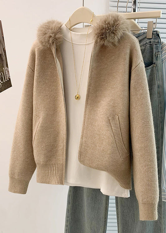 Art Khaki Fur Collar Warm Knit Hoodies Outwear Winter