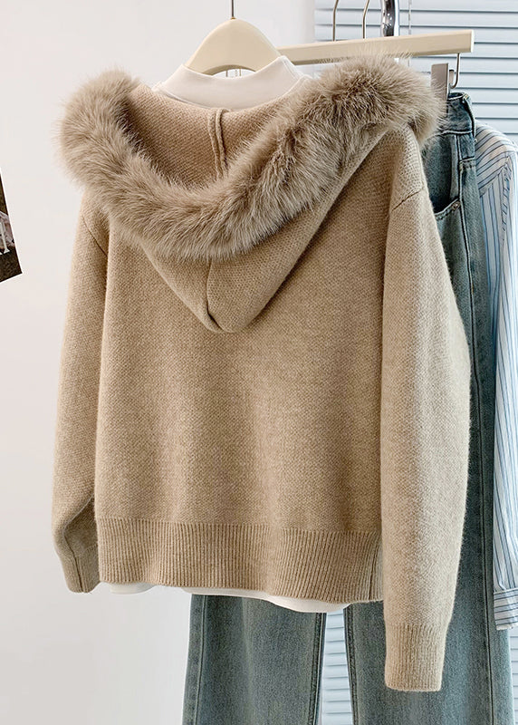 Art Khaki Fur Collar Warm Knit Hoodies Outwear Winter