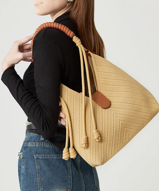 Art Khaki Hollow Out Tasseled Woven Shoulder Bags