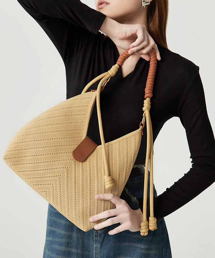 Art Khaki Hollow Out Tasseled Woven Shoulder Bags