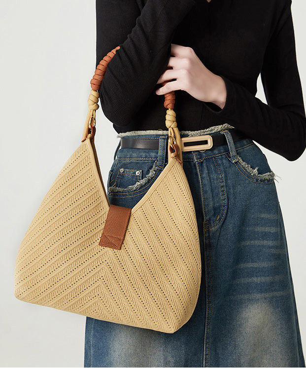 Art Khaki Hollow Out Tasseled Woven Shoulder Bags