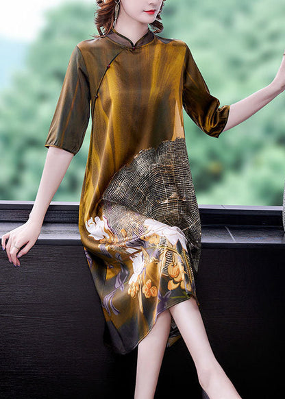 Art Khaki Mandarin Collar Print Silk Dresses Half Sleeve