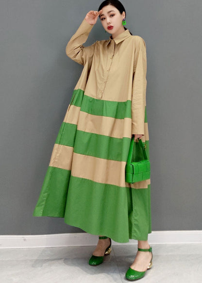 Art Khaki Peter Pan Collar Patchwork Striped Cotton Loose Shirt Dresses Long Sleeve