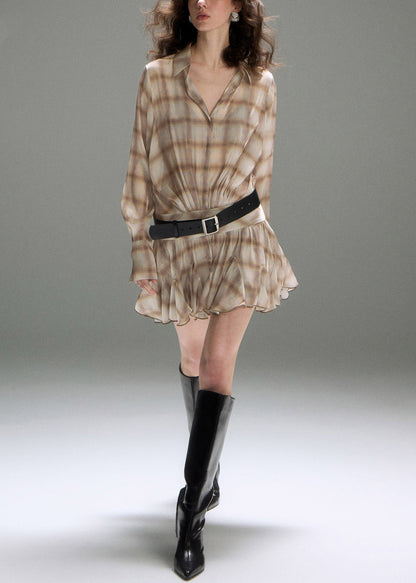 Art Khaki Peter Pan Collar Plaid Cotton Shirt Dresses Fall