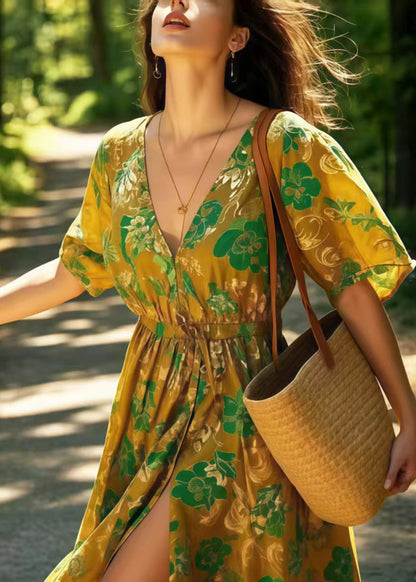 Art Khaki Print Cotton Vacation Dress Side Open Summer