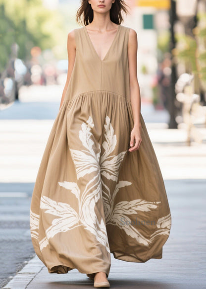 Art Khaki Print Exra Large Hem Cotton Dresses Summer