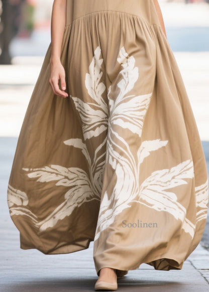 Art Khaki Print Exra Large Hem Cotton Dresses Summer