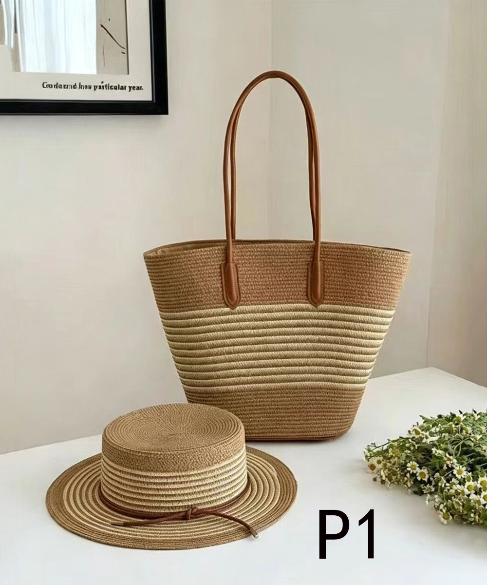 Art Khaki Striped Large Capacity Straw Woven Floppy Sun Hat And Shoulder Handbag Two Pieces Set