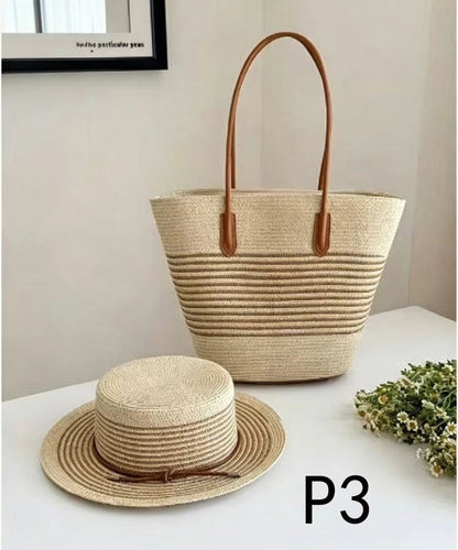 Art Khaki Striped Large Capacity Straw Woven Floppy Sun Hat And Shoulder Handbag Two Pieces Set