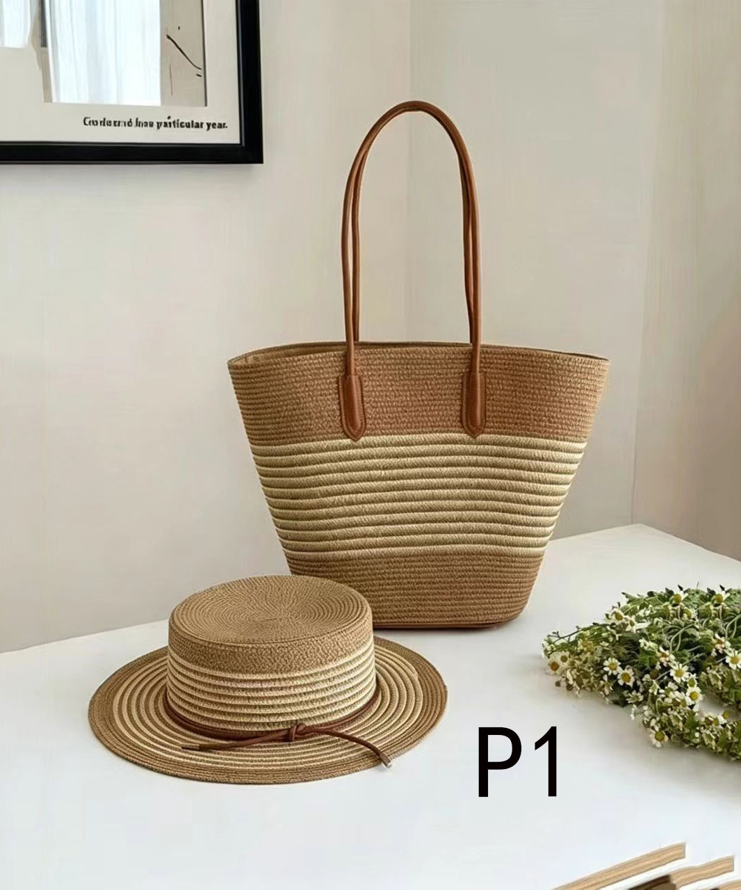 Art Khaki Striped Large Capacity Straw Woven Floppy Sun Hat And Shoulder Handbag Two Pieces Set