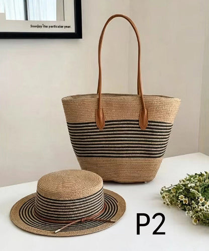 Art Khaki Striped Large Capacity Straw Woven Floppy Sun Hat And Shoulder Handbag Two Pieces Set