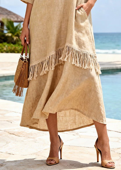 Art Khaki Tasseled Patchwork Linen Long Dresses Half Sleeve