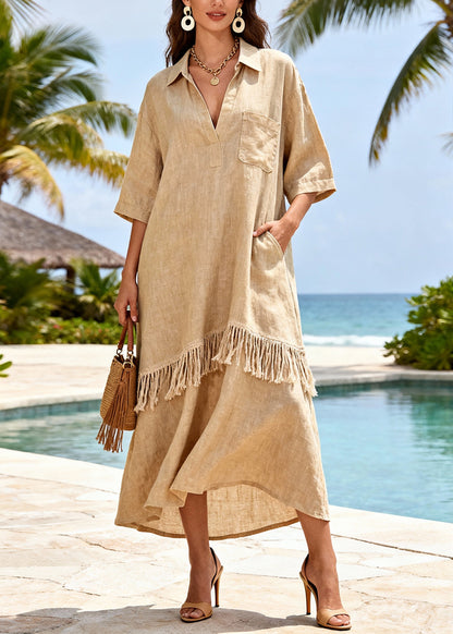 Art Khaki Tasseled Patchwork Linen Long Dresses Half Sleeve