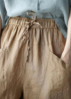 Art Black flower Tie Waist Pockets Summer Harem Pants Linen