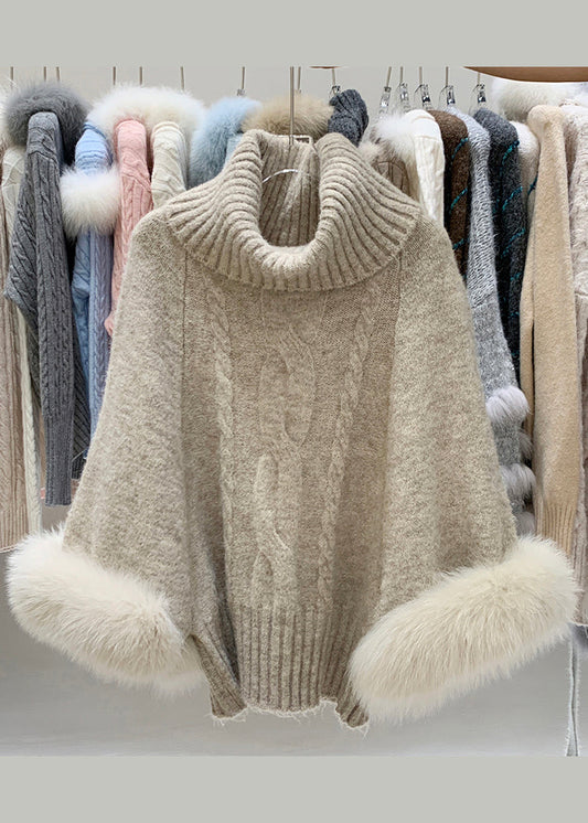 Art Khaki Turtleneck Fox Fur Cuff Detachable Knit Sweater Winter