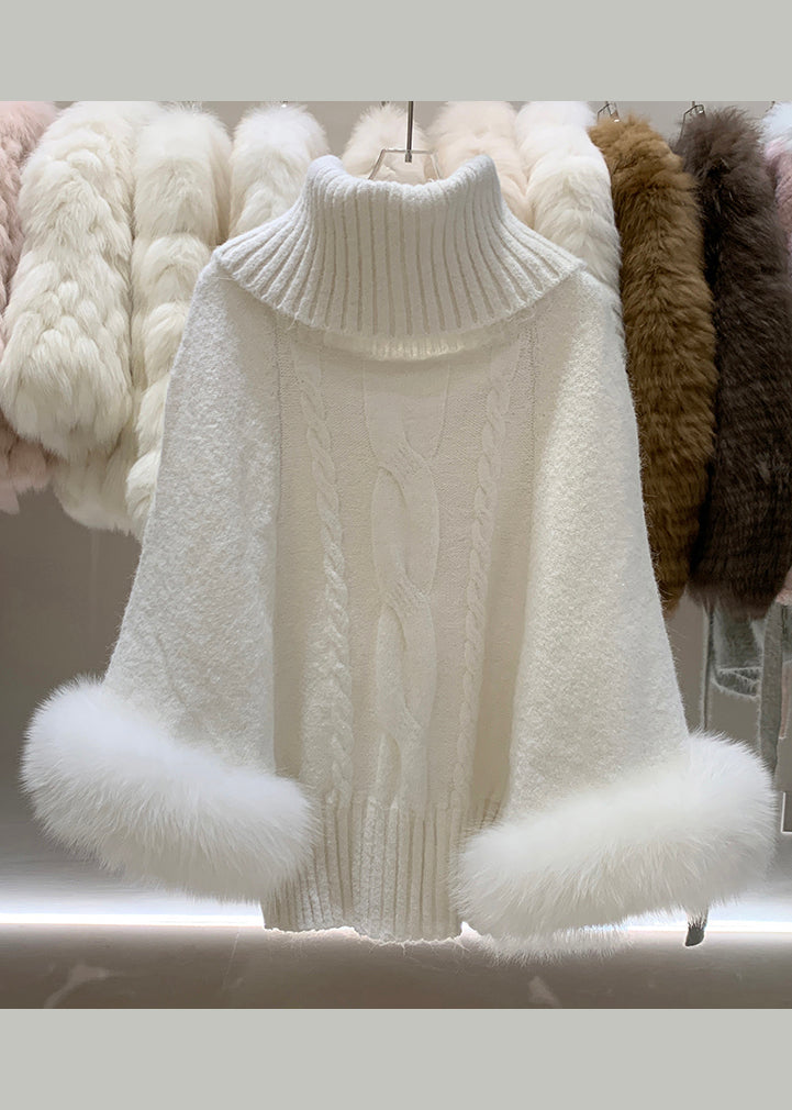 Art Khaki Turtleneck Fox Fur Cuff Detachable Knit Sweater Winter