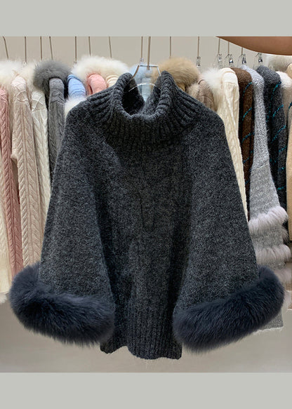 Art Khaki Turtleneck Fox Fur Cuff Detachable Knit Sweater Winter