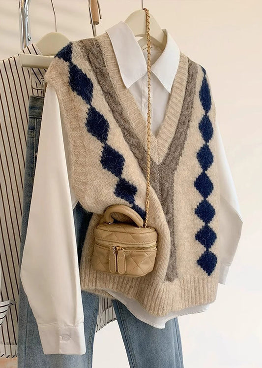 Art Khaki V Neck Plaid Cozy Knit Vest Sleeveless