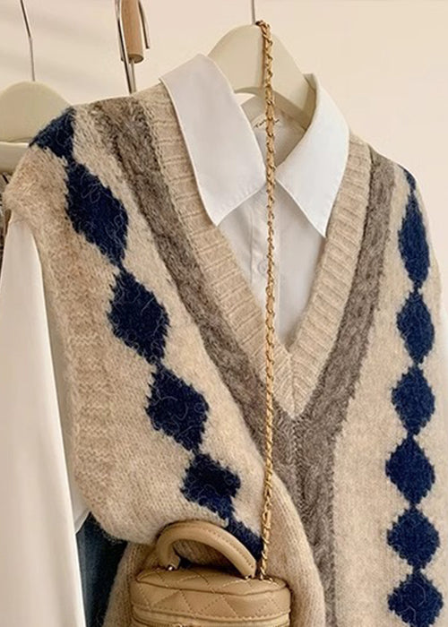 Art Khaki V Neck Plaid Cozy Knit Vest Sleeveless