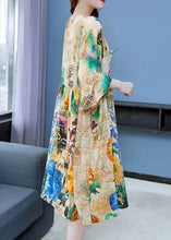 Load image into Gallery viewer, Art Khaki V Neck Print Wrinkled Patchwork Chiffon Dress Butterfly Sleeve