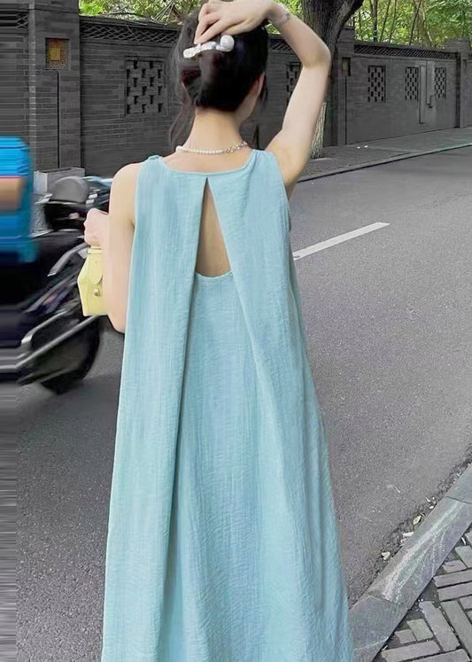 Art Lake Blue Backless Cotton A Line Holiday Dress Sleeveless