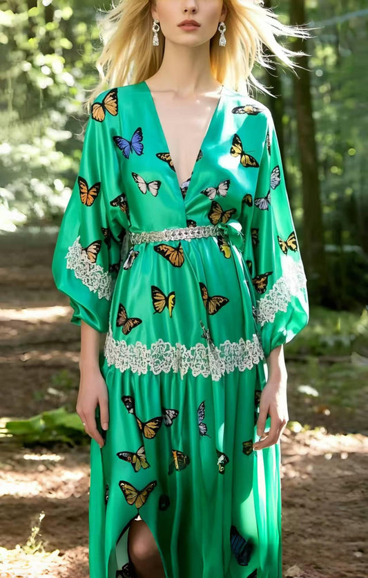 Art Lake Green Butterfly Silk Holiday Dress Summer