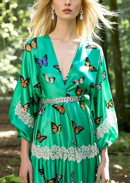 Art Lake Green Butterfly Silk Holiday Dress Summer
