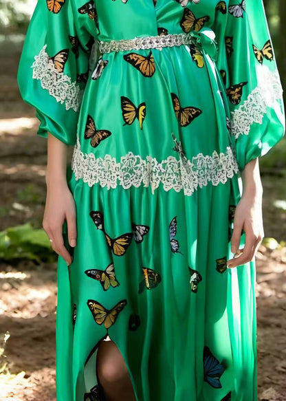 Art Lake Green Butterfly Silk Holiday Dress Summer