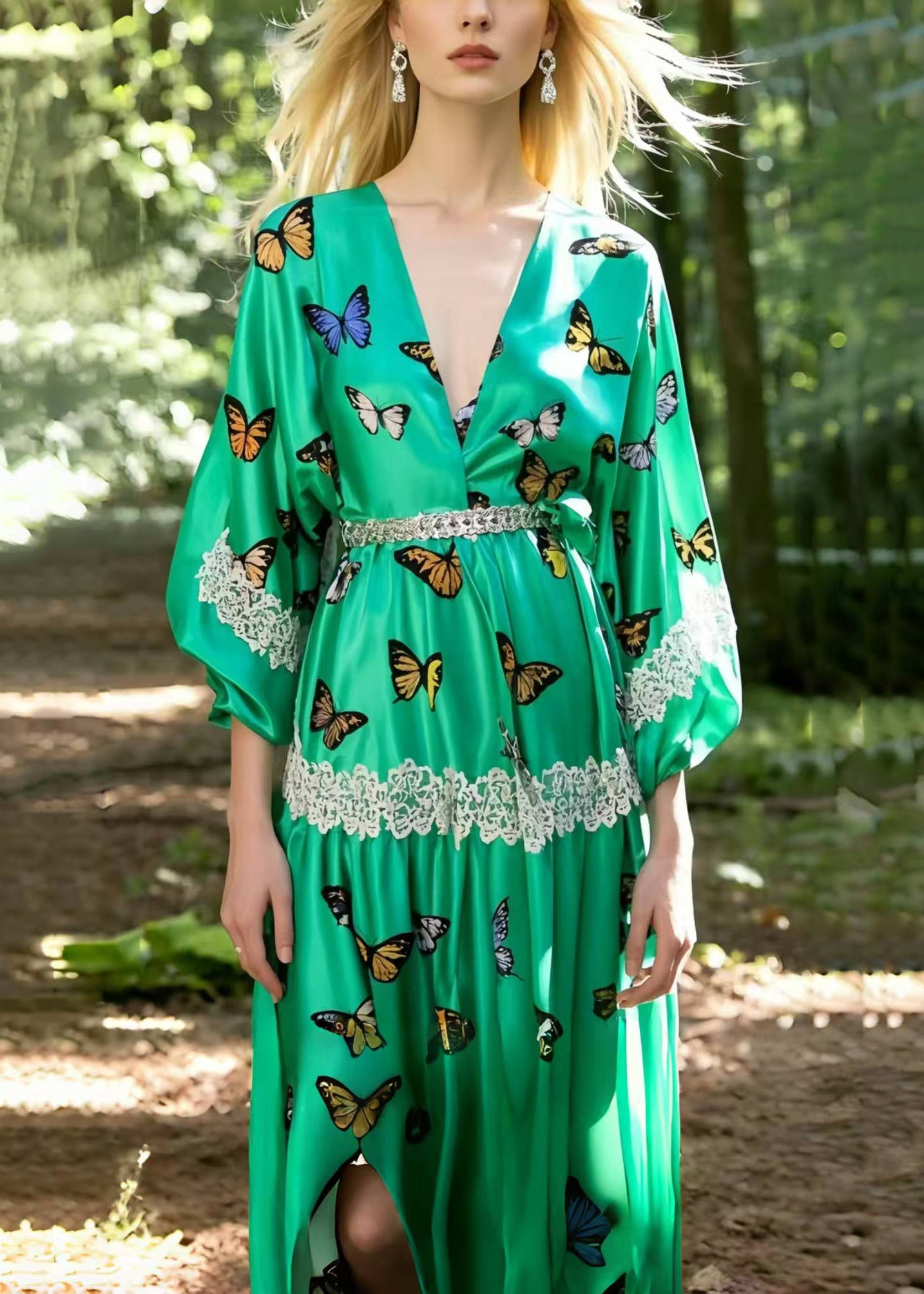 Art Lake Green Butterfly Silk Holiday Dress Summer