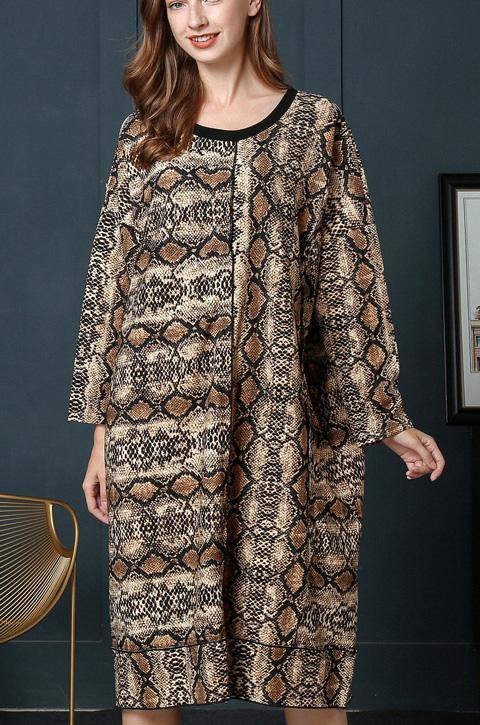 Art Leopard O-Neck Cotton Long sleeve Spring Long Dress - SooLinen