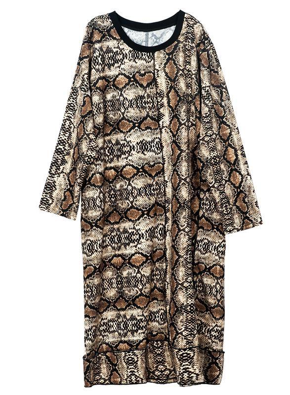 Art Leopard O-Neck Cotton Long sleeve Spring Long Dress - SooLinen
