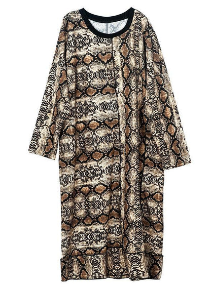 Art Leopard O-Neck Cotton Long sleeve Spring Long Dress - SooLinen