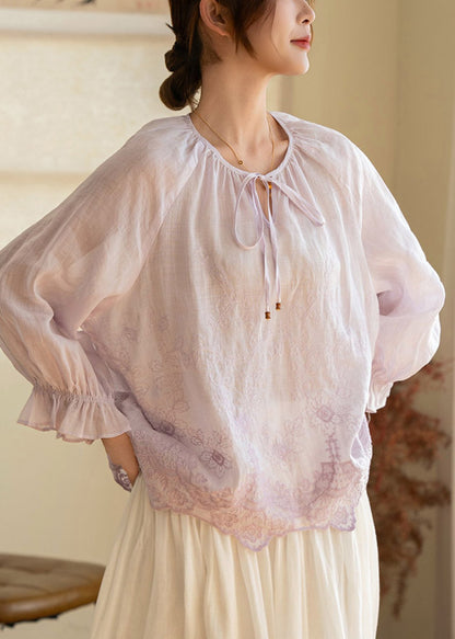 Art Light Purple Print Tie Lace Linen Top Lantern Sleeve