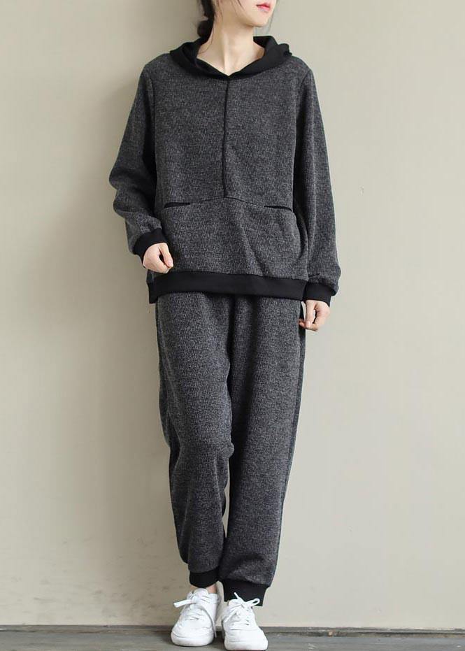 Art Loose Gray Color Matching Hooded Sweater And Elastic Pants Casual Suit - SooLinen