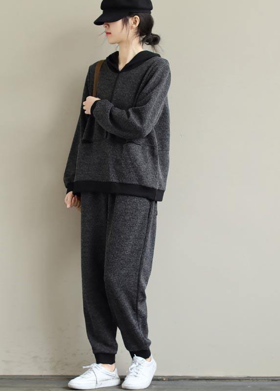 Art Loose Gray Color Matching Hooded Sweater And Elastic Pants Casual Suit - SooLinen