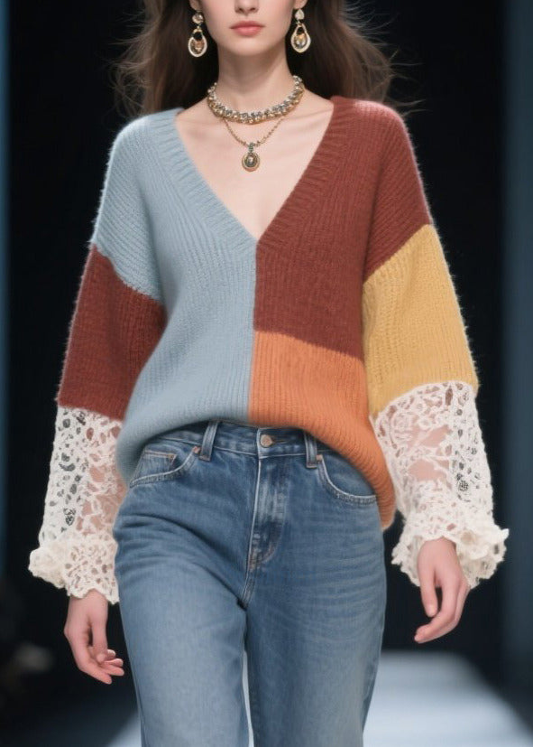 Art Mixed Color Oversized Patchwork Lace Knit Pullover Fall