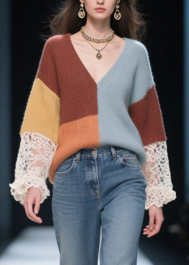 Art Mixed Color Oversized Patchwork Lace Knit Pullover Fall