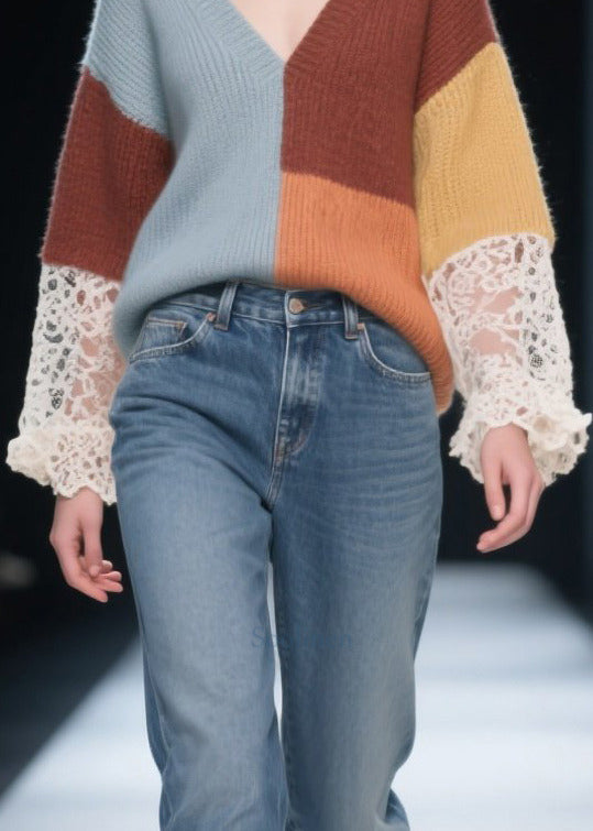 Art Mixed Color Oversized Patchwork Lace Knit Pullover Fall