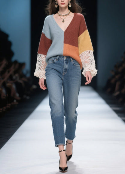 Art Mixed Color Oversized Patchwork Lace Knit Pullover Fall