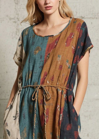 Art Mixed Color Tie Waist Print Cotton Long Dresses Summer