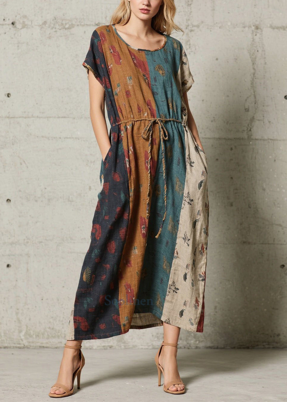 Art Mixed Color Tie Waist Print Cotton Long Dresses Summer