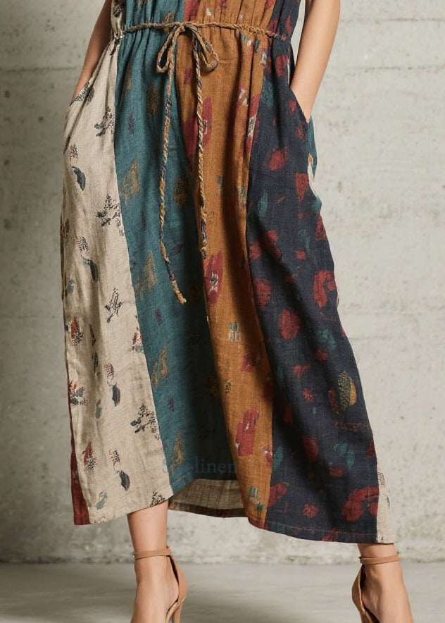 Art Mixed Color Tie Waist Print Cotton Long Dresses Summer