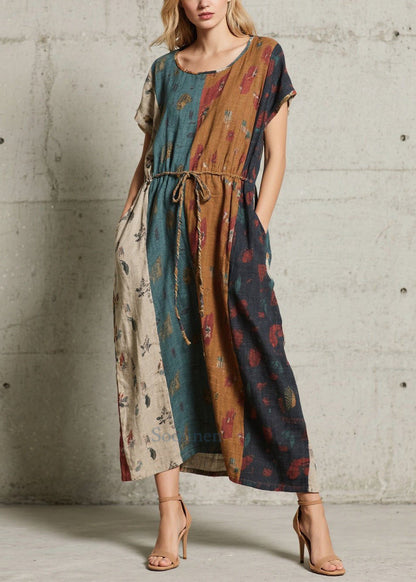 Art Mixed Color Tie Waist Print Cotton Long Dresses Summer