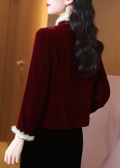 Art Mulberry Stand Collar Patchwork Faux Fur Silk Velour Tops Winter