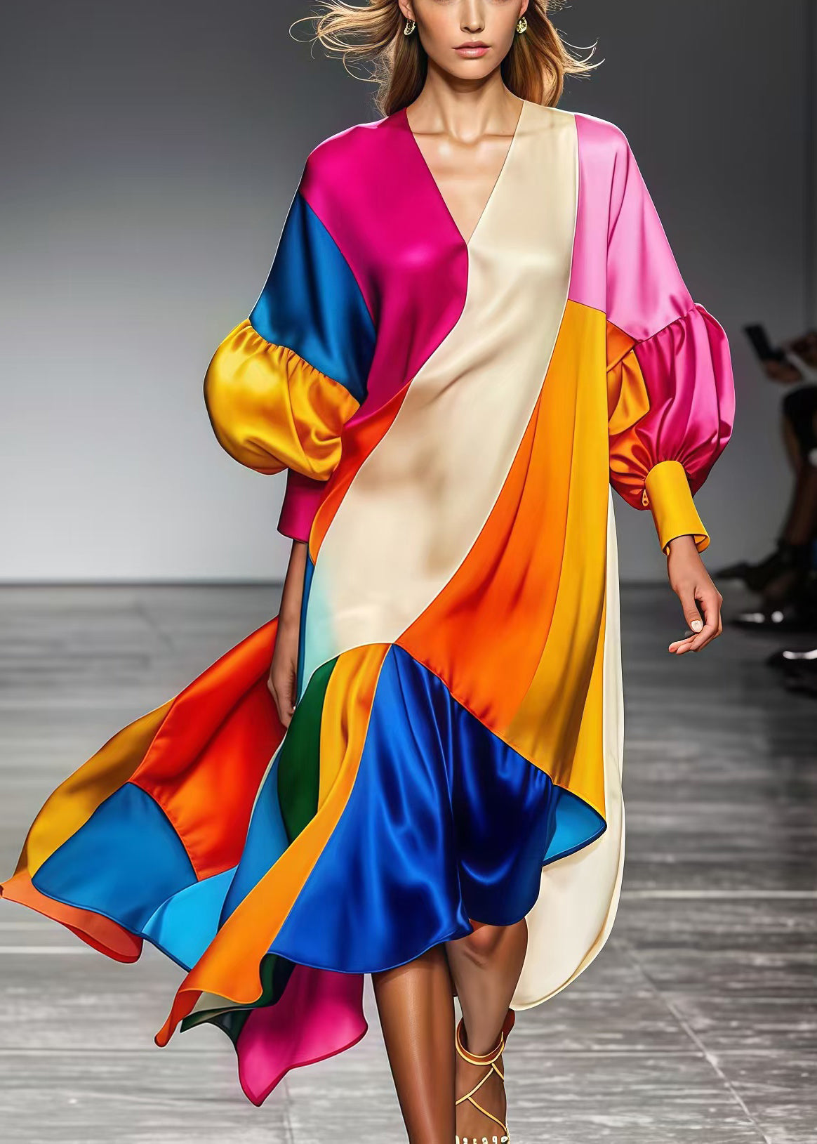 Art Multicolor Oversized Patchwork Silk Robe Dresses Lantern Sleeve