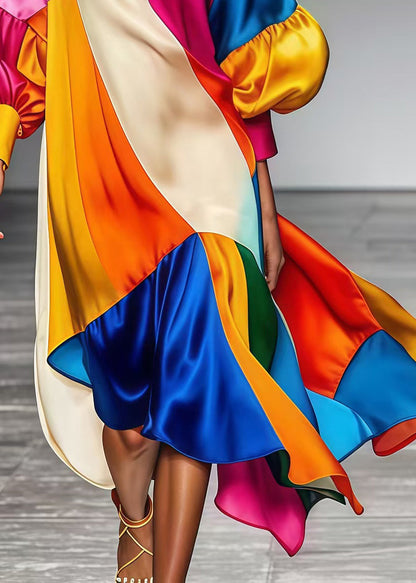 Art Multicolor Oversized Patchwork Silk Robe Dresses Lantern Sleeve