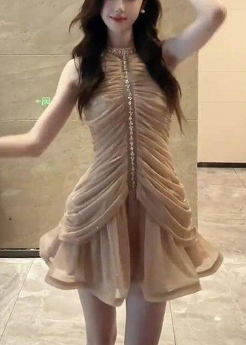 Art Naked Color Zippered Zircon Wrinkled Chiffon Dress Sleeveless